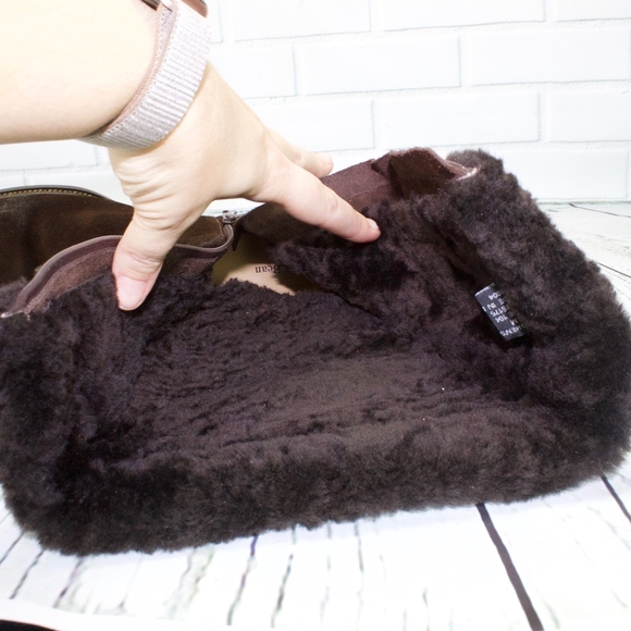 LL Bean Brown Suede Leather Shearling Lined Side Zip Tall Winter Boots 8.5 M - Picture 5 of 8